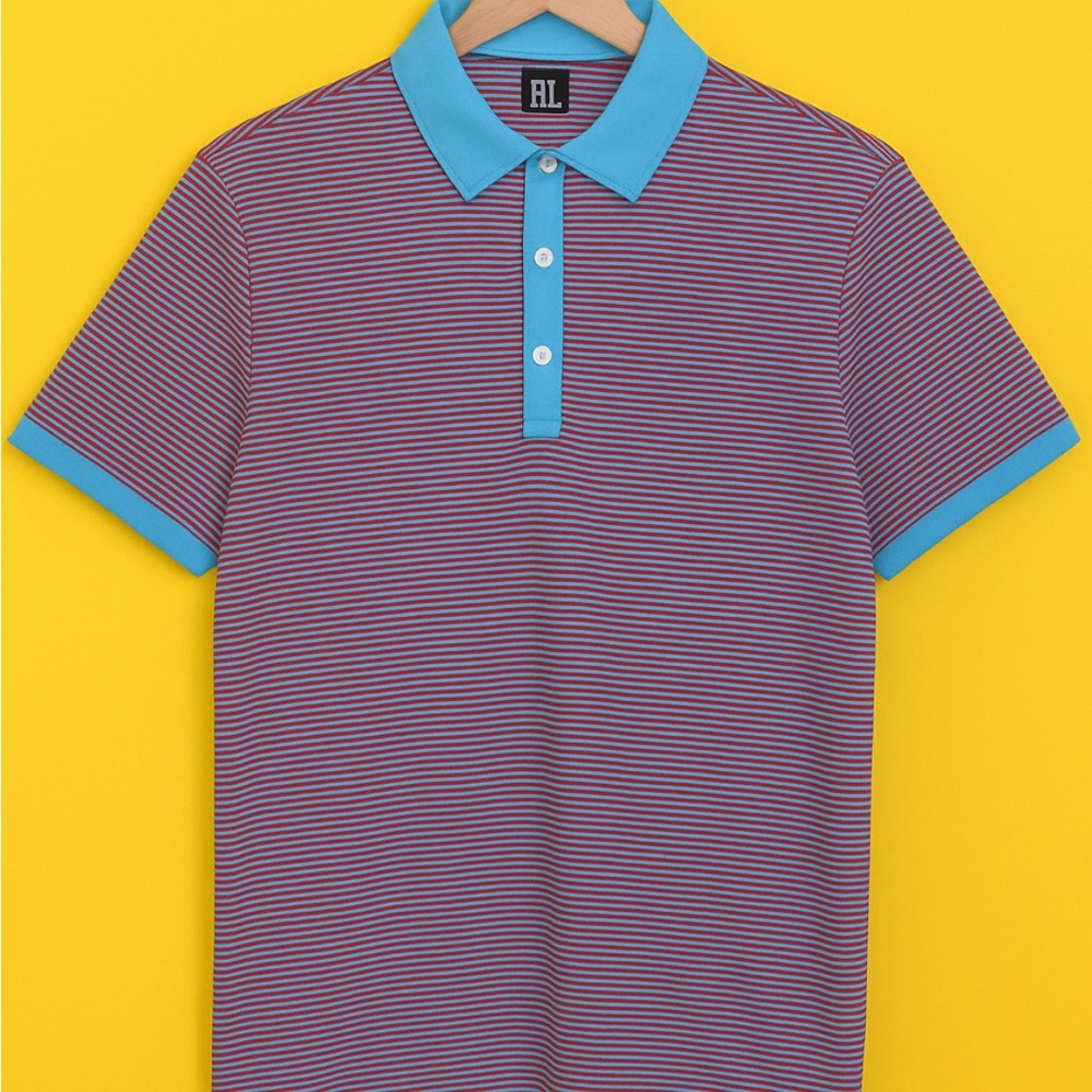 FootJoy Golf Men's Striped Rugby Polo, Cotton Candy Red/Blue Size  S